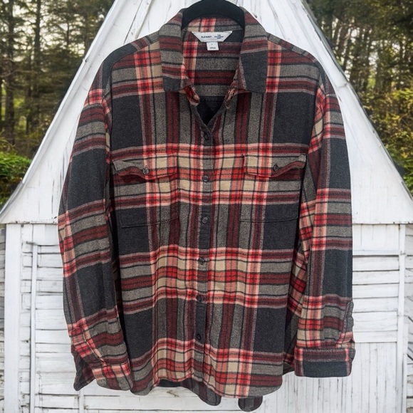 Old Navy The Boyfriend Shirt Long Sleeve Comfy Button Up Grey Red Tan Size L - Picture 1 of 10
